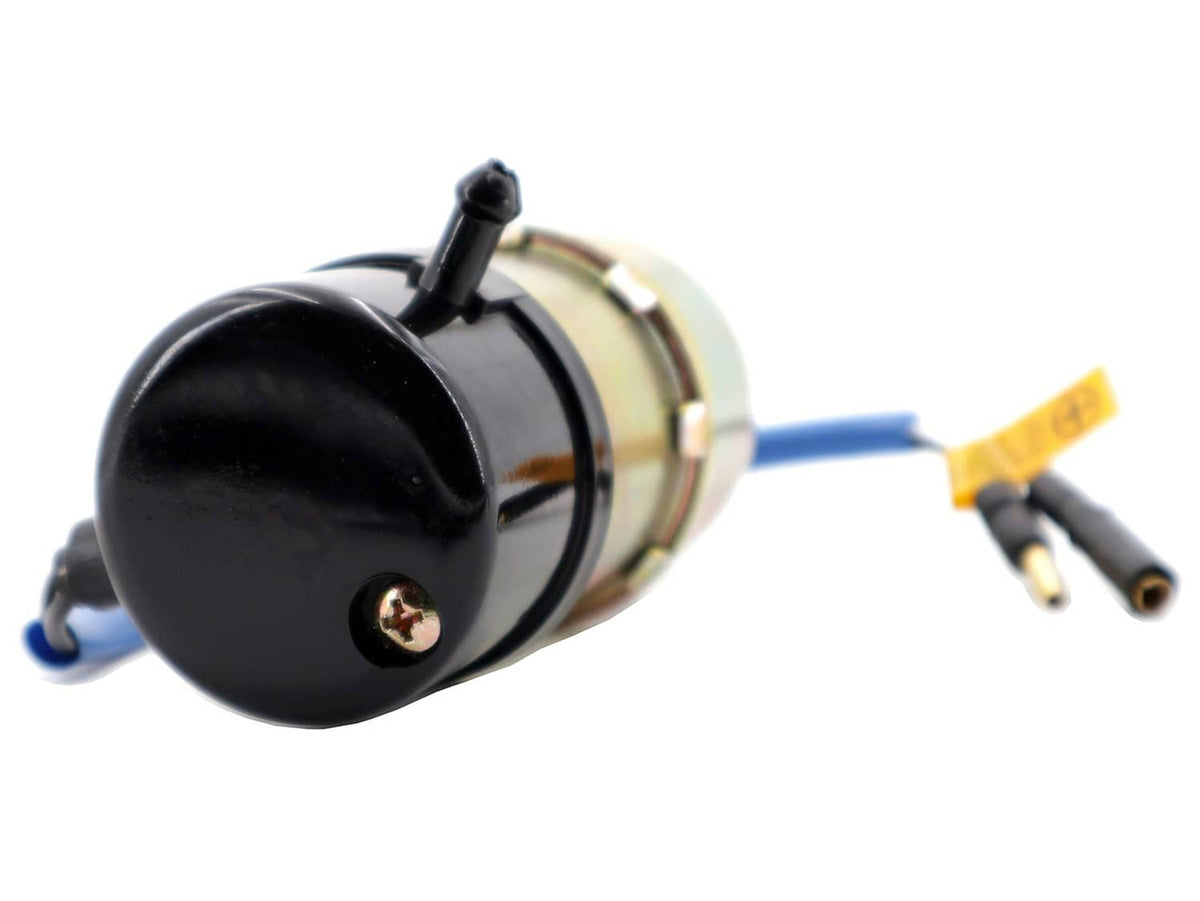 Electric fuel pump end cap with mounting screws, blue wire, and black connector leads