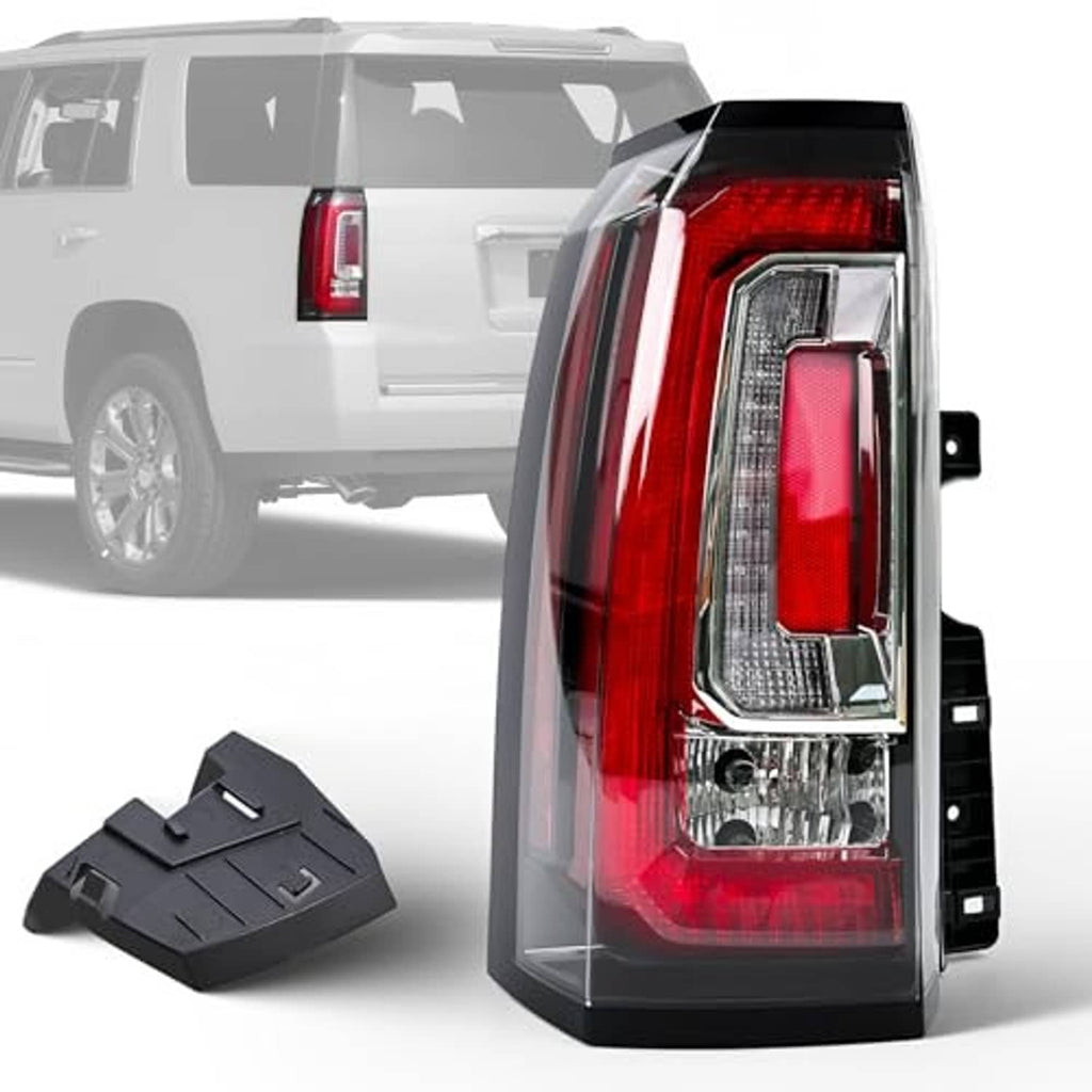 Left side tail light assembly, red and clear lens with chrome trim, wiring connector shown.