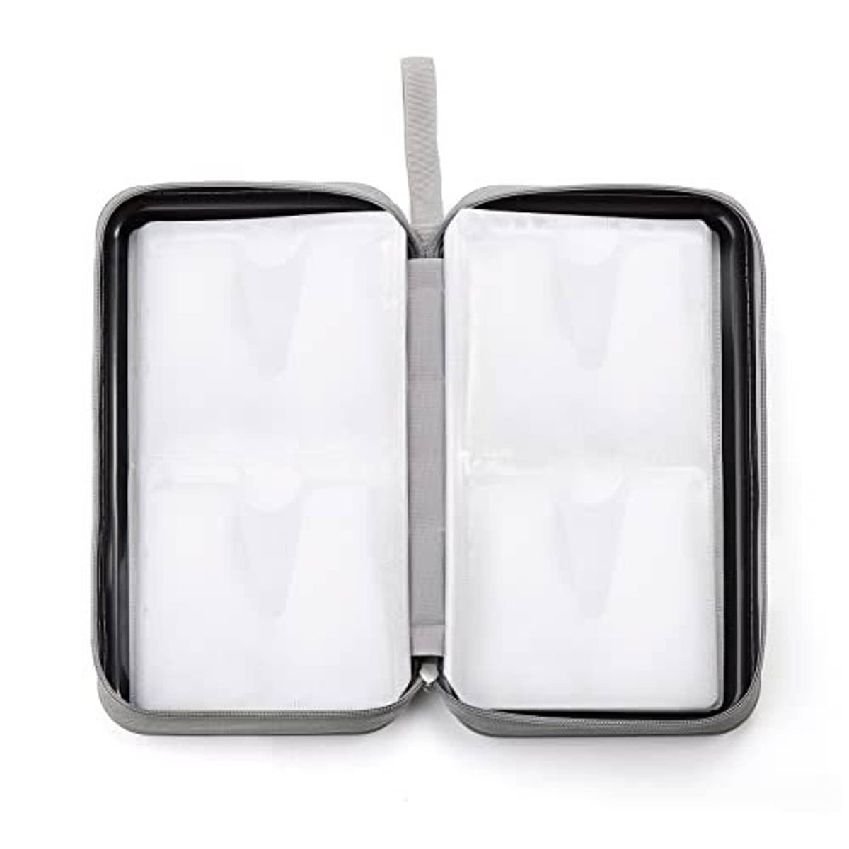 Open black CD storage wallet with inner disc sleeves and centered divider strap