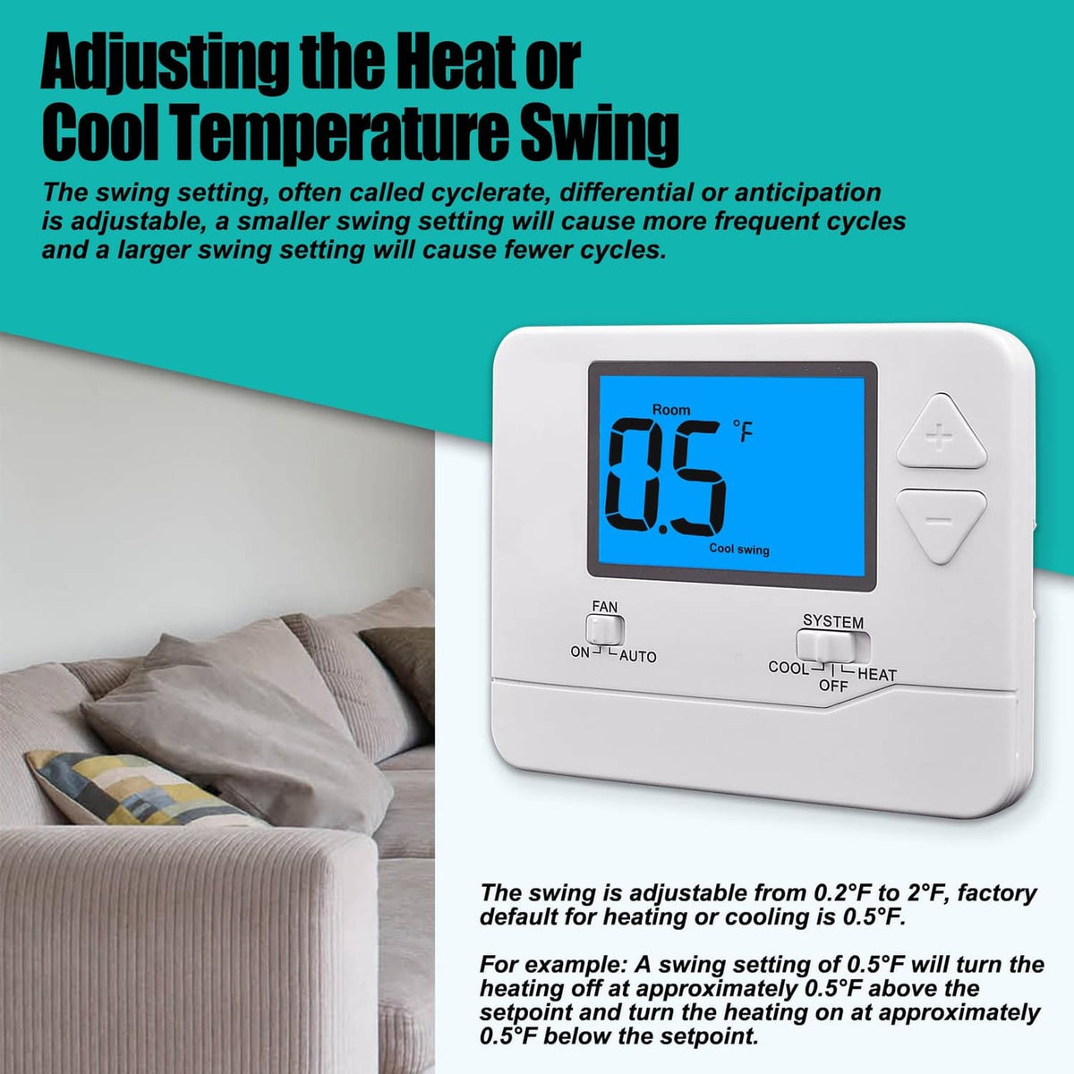 White thermostat with blue backlit display and swing setting up/down controls