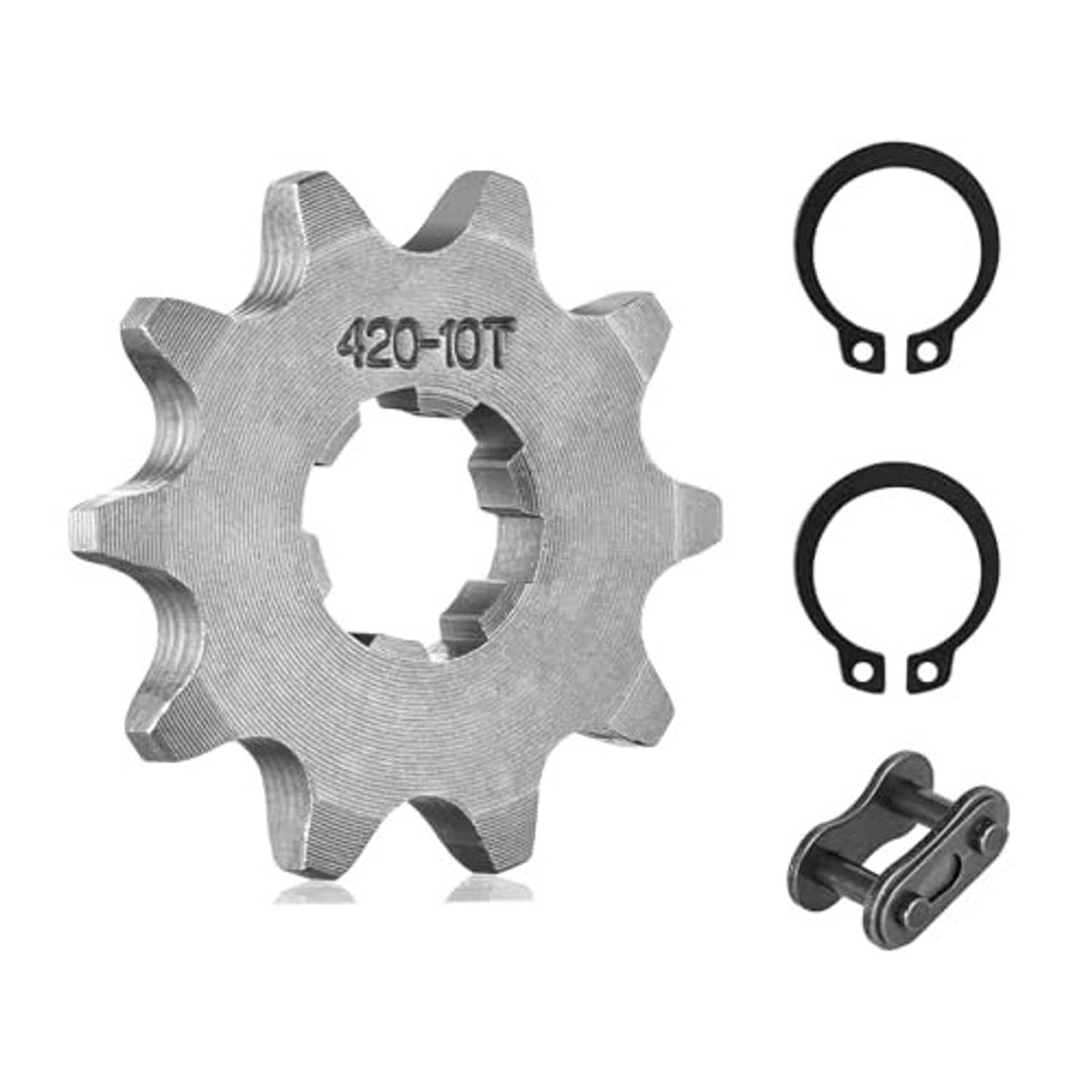 Silver 420 10T front roller chain sprocket with two retaining rings and master link clip