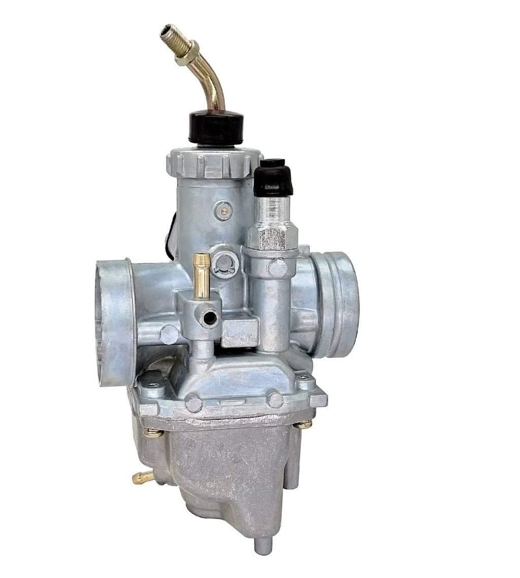 Carburetor with curved intake pipe, mounting hardware, and black vacuum port