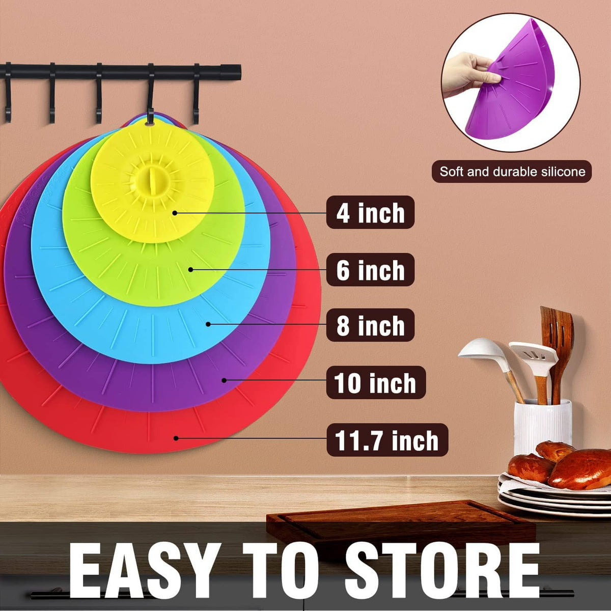 Colorful silicone splatter lids size guide: 4, 6, 8, 10, and 11.7 inch circles
