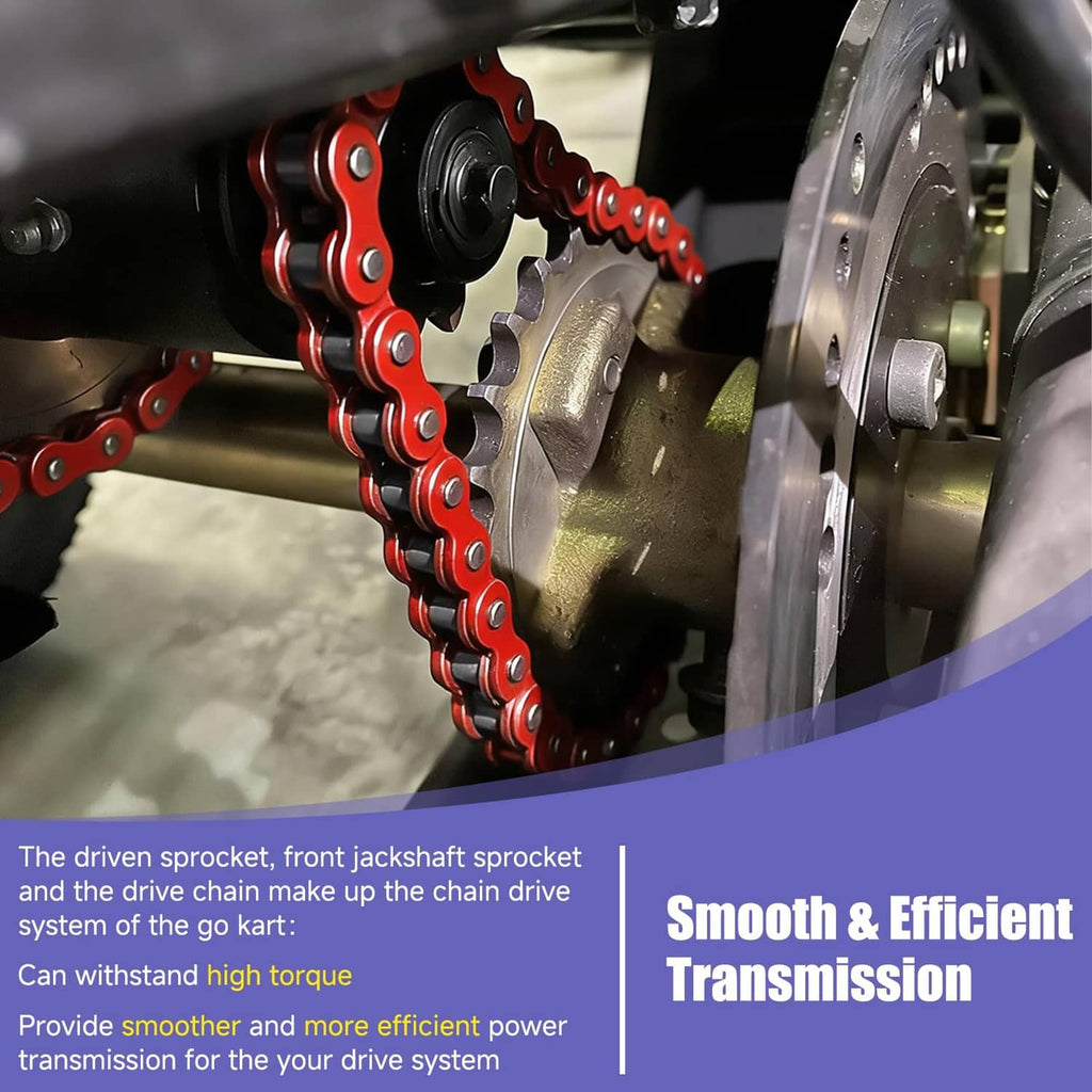 Red 420 roller chain on a rear sprocket assembly with black housing
