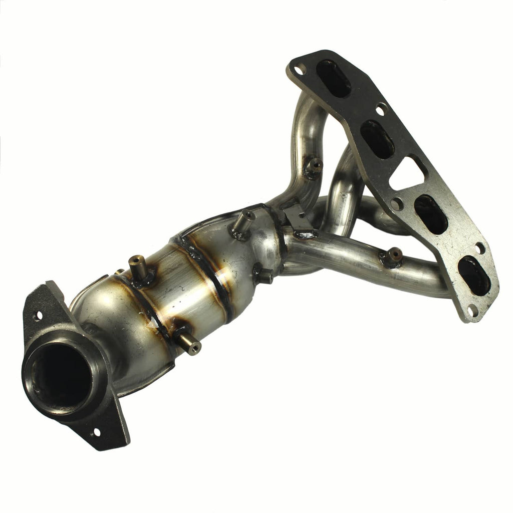 Exhaust manifold with catalytic converter, side view with mounting flange and downpipe