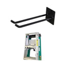 Wall-mounted steel ladder hook with two black curved arms and square mounting plate.