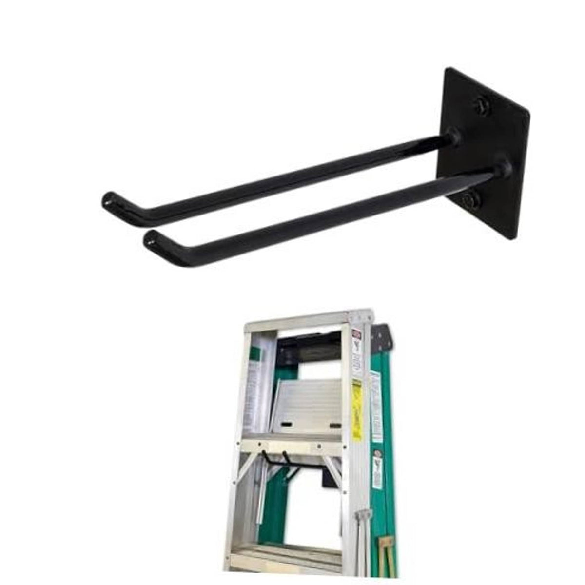 Wall-mounted steel ladder hook with two black curved arms and square mounting plate.