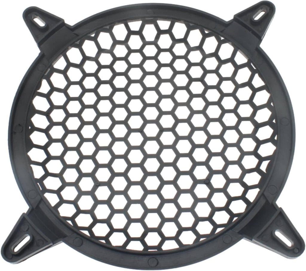 Round black speaker grill guard with hex mesh pattern and mounting tabs