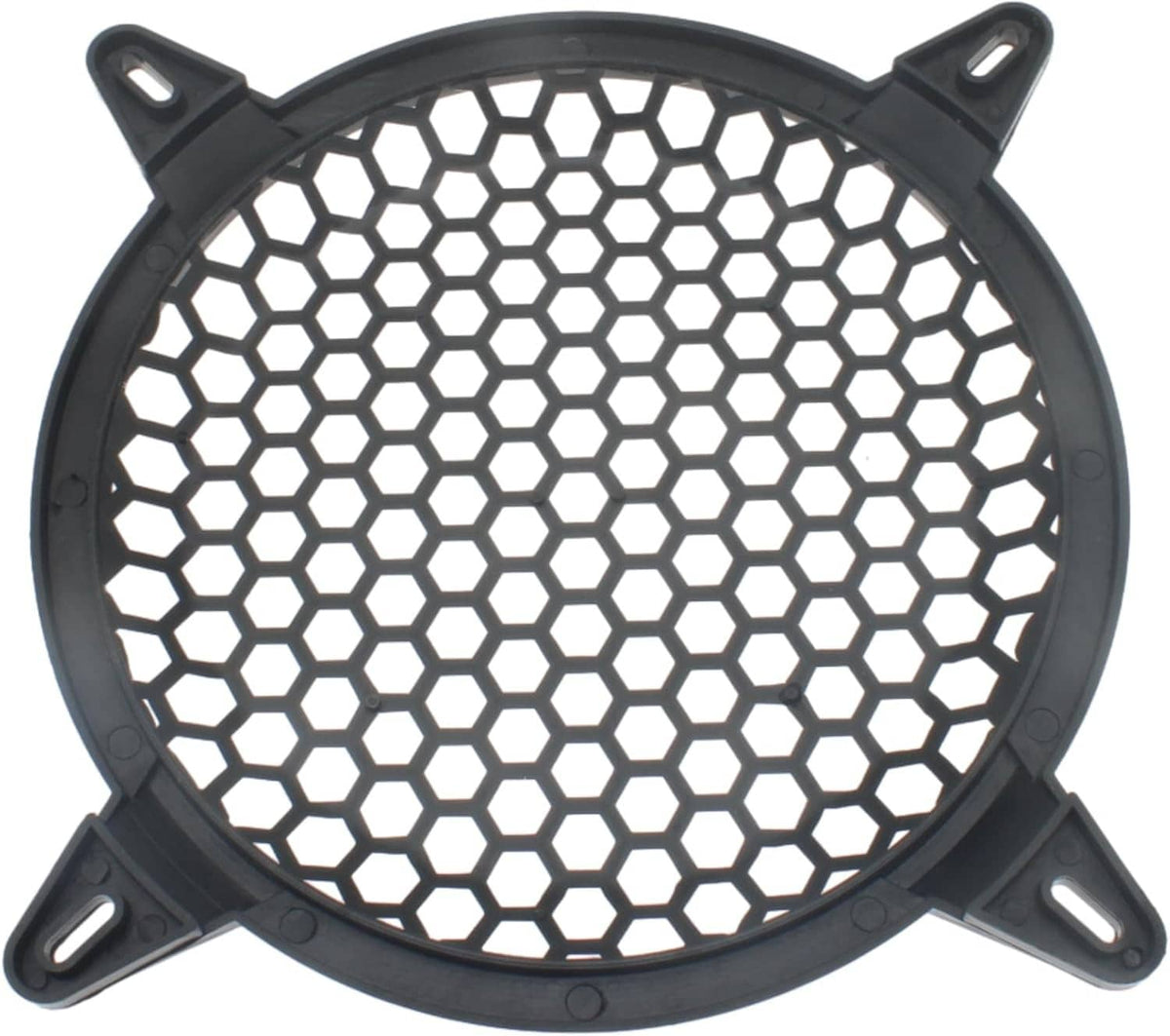 Round black speaker grill guard with hex mesh pattern and mounting tabs