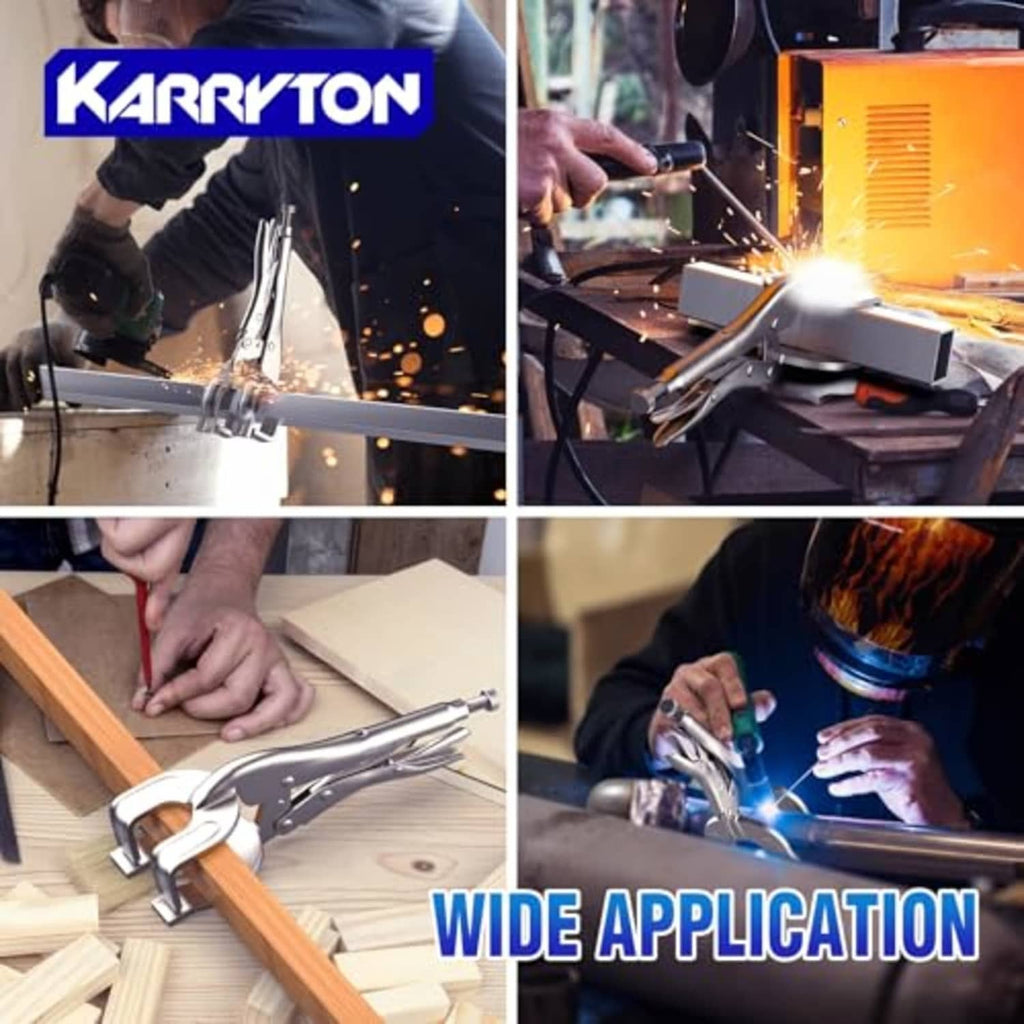 KARRYTON U-shaped locking pliers being used in workshop, welding-ready jaws