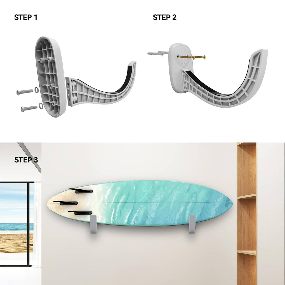 Gray wall-mount surfboard rack installation steps showing bracket, bolts, and clips.