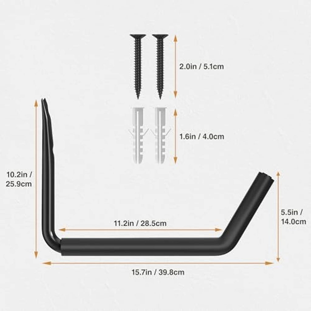 U-shaped black wall hook with mounting points, size diagram and measurements shown