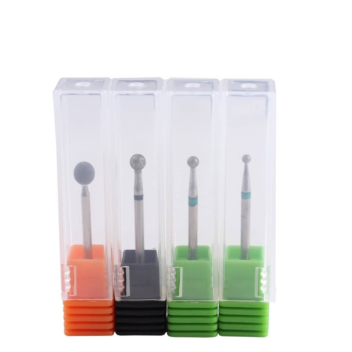 Diamond nail drill bit set with four bits in clear tray and colored bases