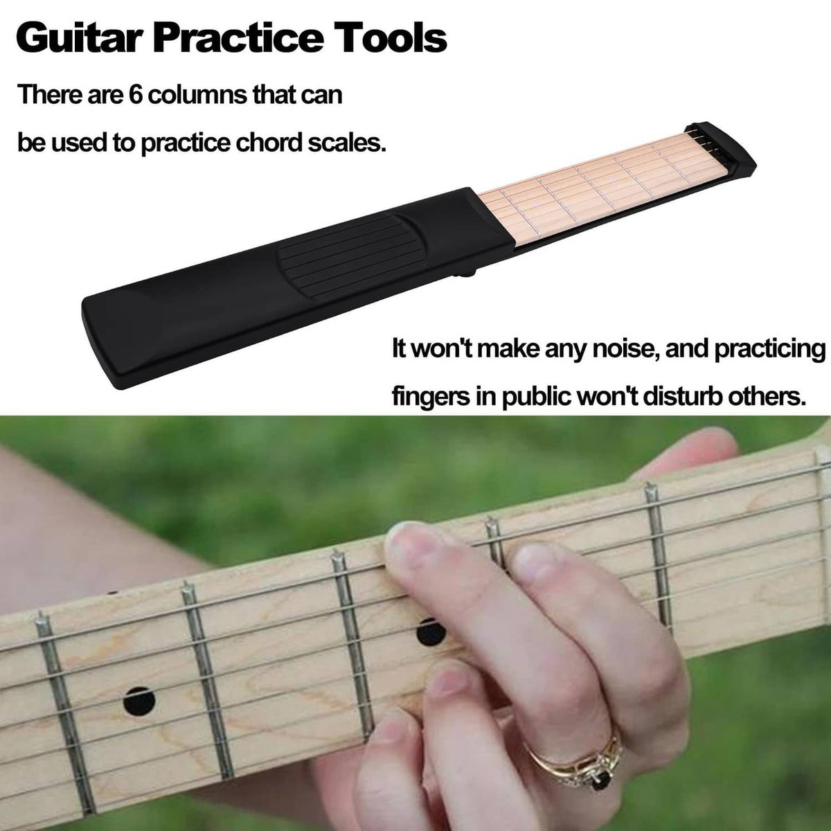Black 6-string guitar practice tool with fretted fingerboard, strings and hand