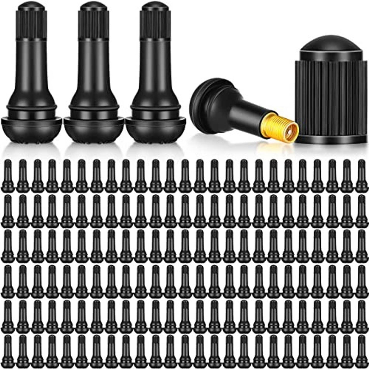 Black tubeless snap-in valve stems with gold valve core, bulk pack