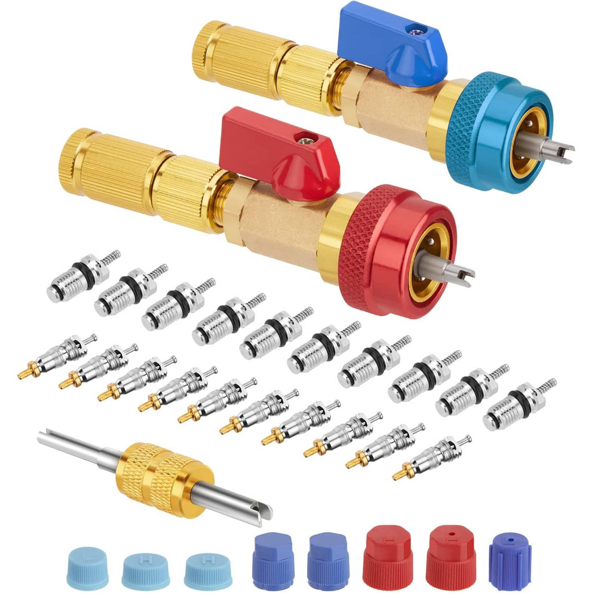 R134A valve core quick remover tool set with brass couplers, red/blue handles, and caps