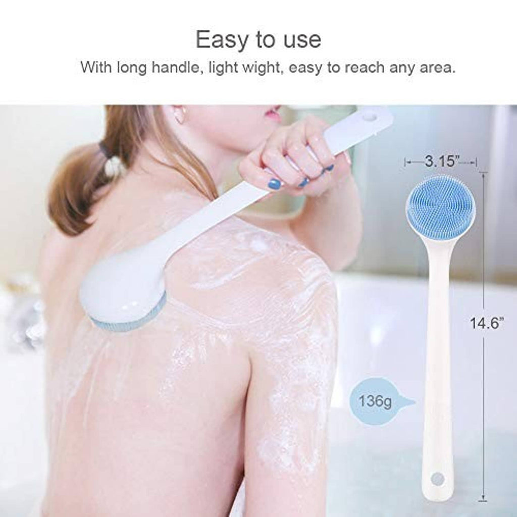 Long-handled silicone back scrubber with blue circular bristle brush head.