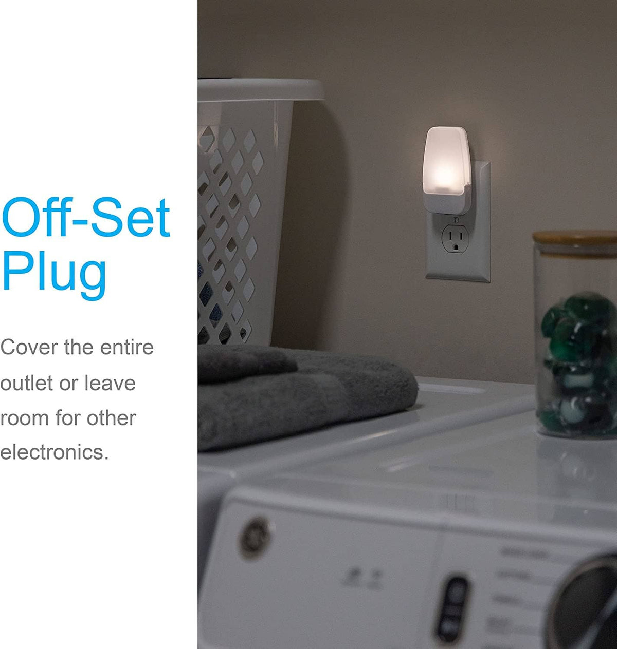 Plug-in LED night light with off-set plug design and warm white glow