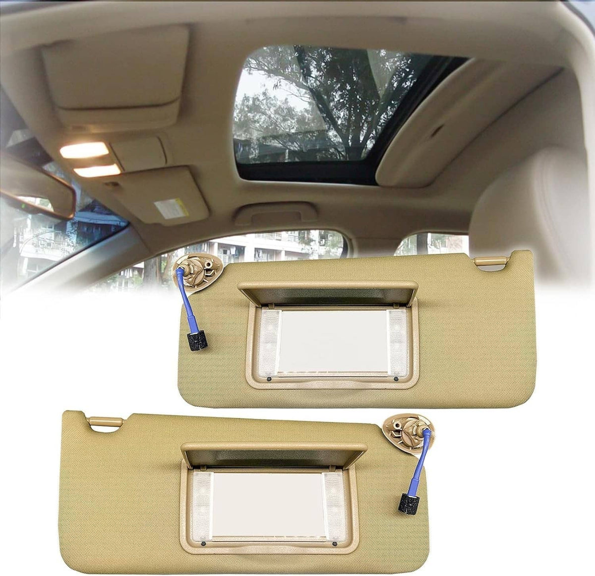 Top-down view of tan sun visors with lit mirror windows