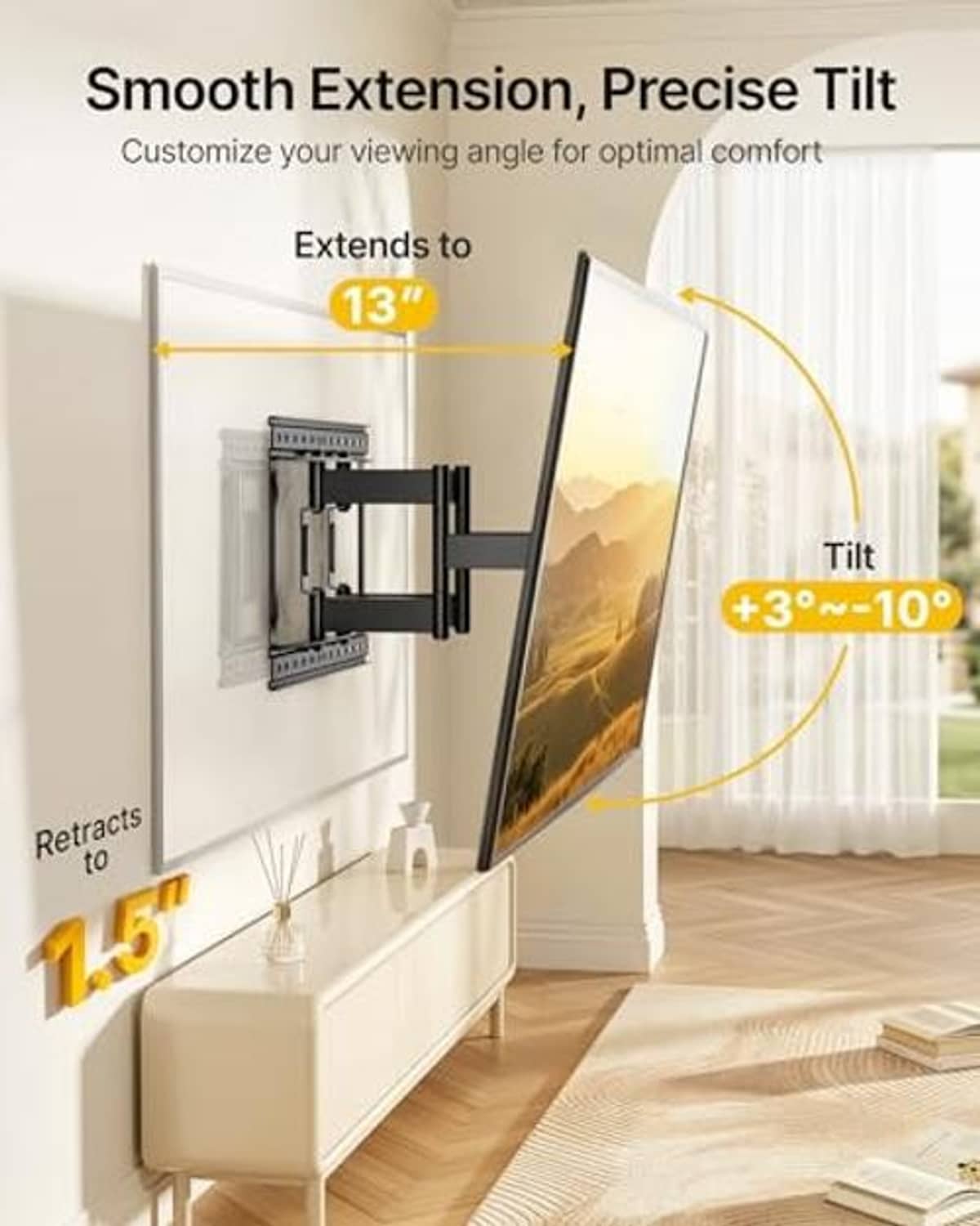 Black TV wall mount with extended arm and tilt adjustment for viewing angle
