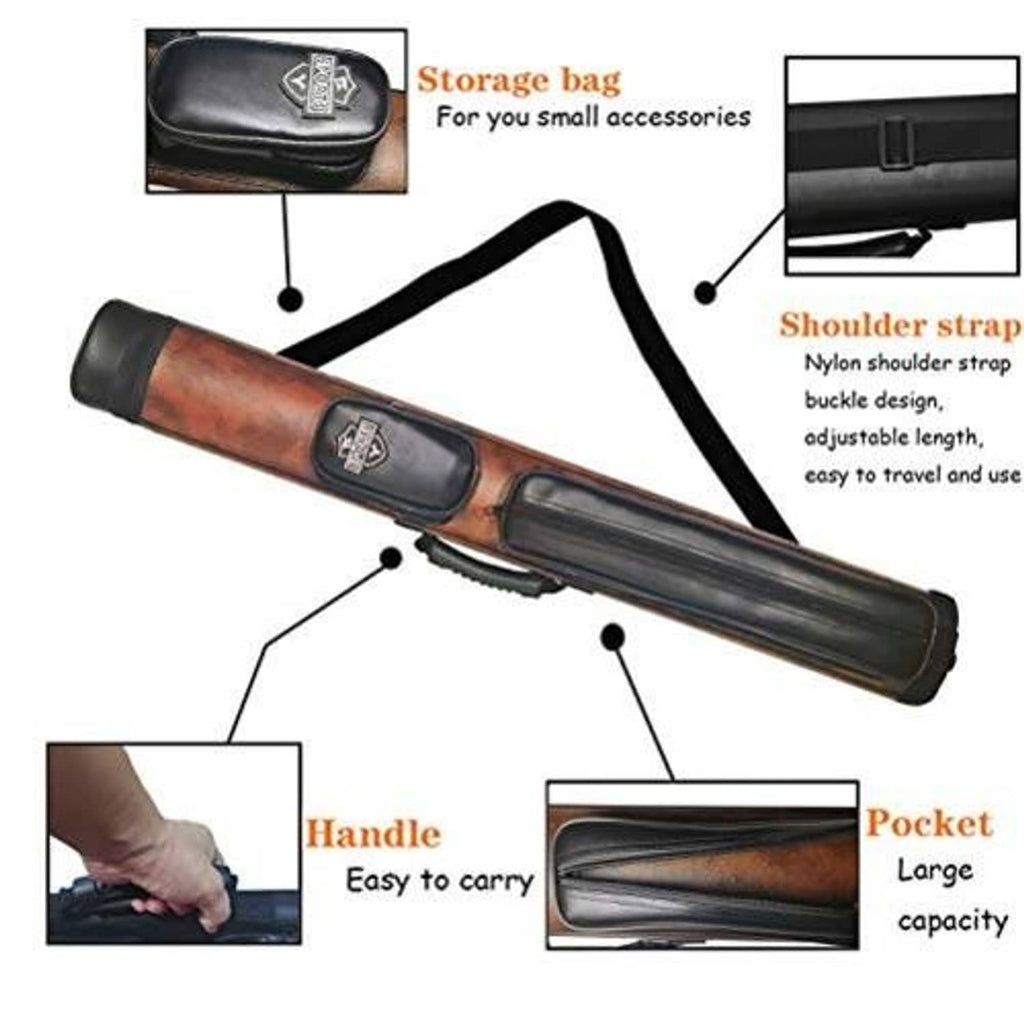 Oval cue case with shoulder strap, carrying handle, and large internal pocket