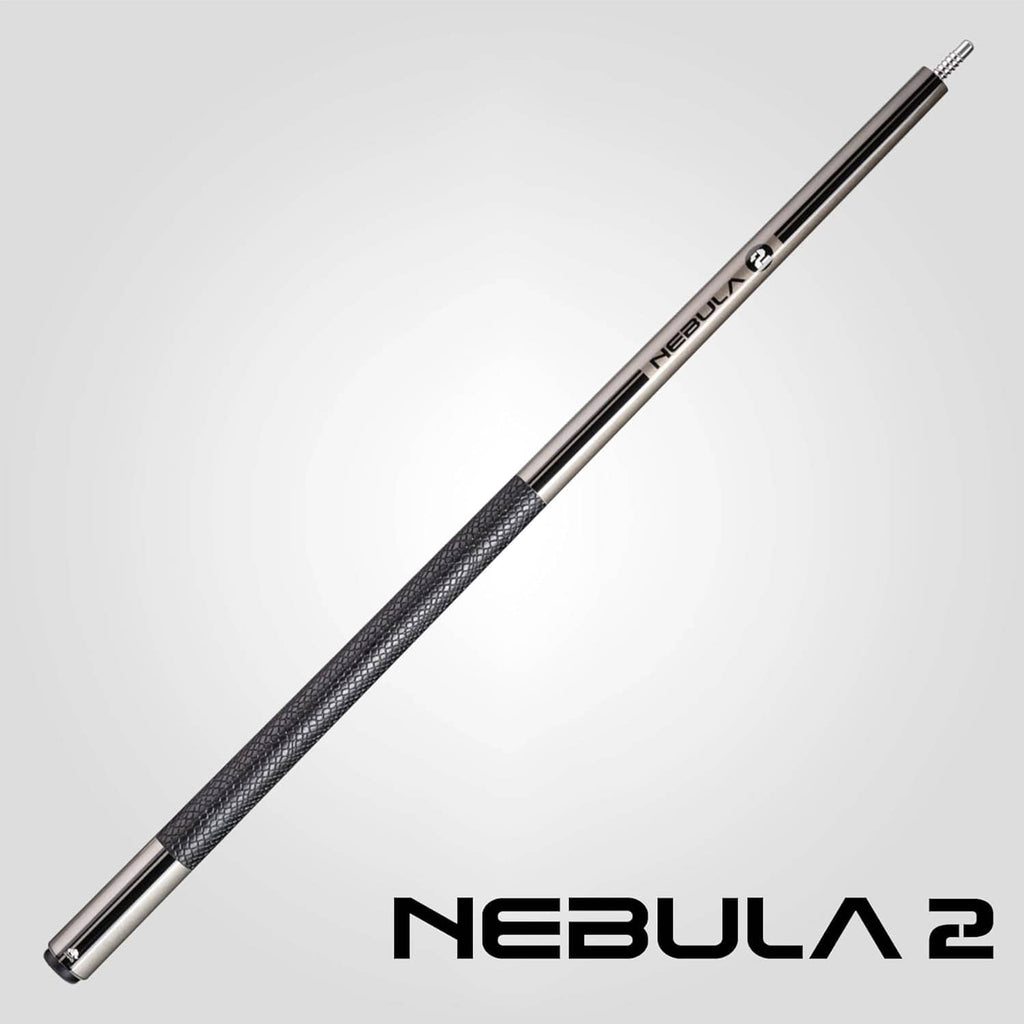 Pool cue with textured black midsection and silver shaft, metal joint section visible.