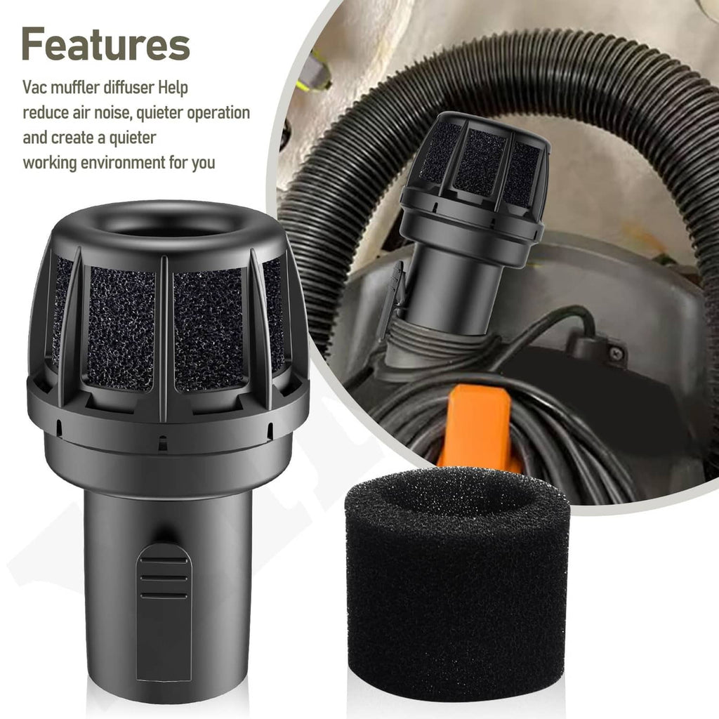 Black wet/dry vac muffler diffuser with foam cover and suction hose