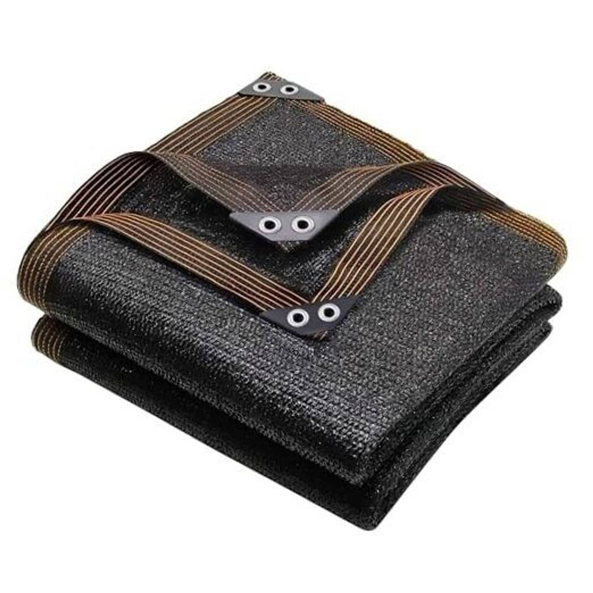 Black shade cloth mesh tarp bundle with reinforced grommets and brown stitched trim.