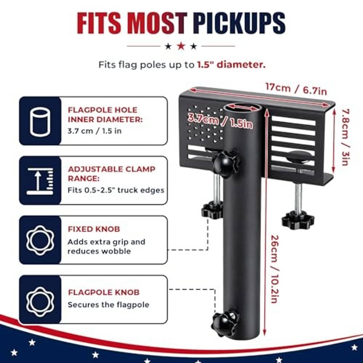 Black adjustable truck flag pole mount kit with clamp range and height.