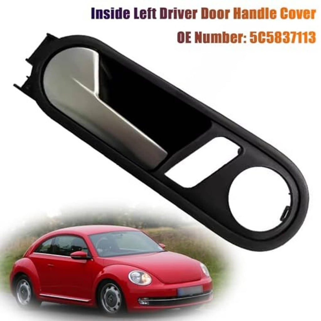 Interior left driver door handle cover, black with beige insert and oval window cutout