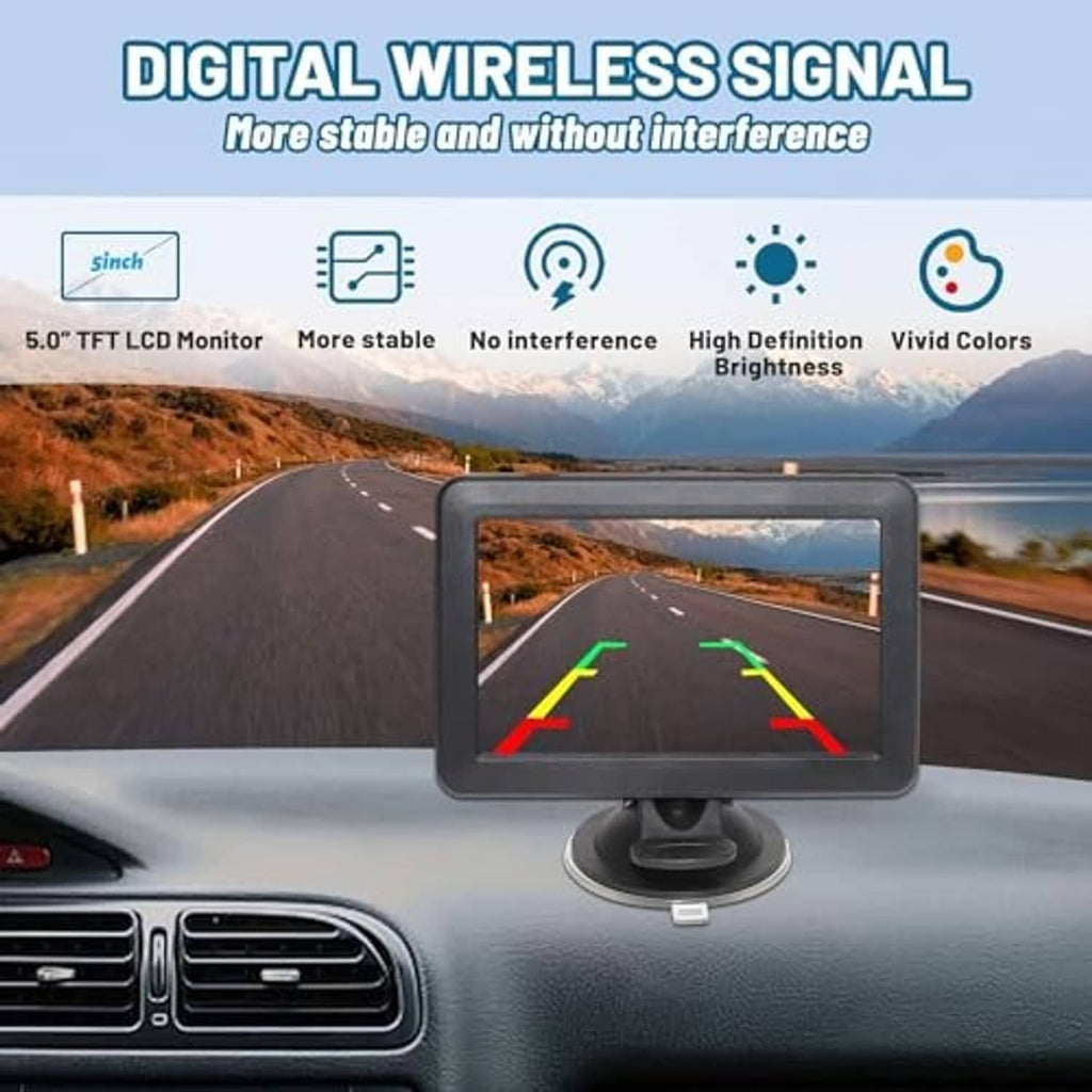 5-inch LCD monitor displaying vehicle rear view with colored parking guidance lines
