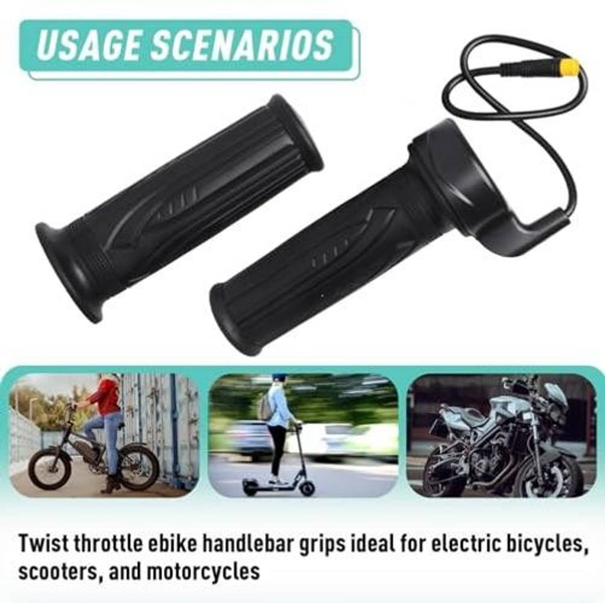 Black twist throttle handlebar grips with attached cable harness and yellow ring