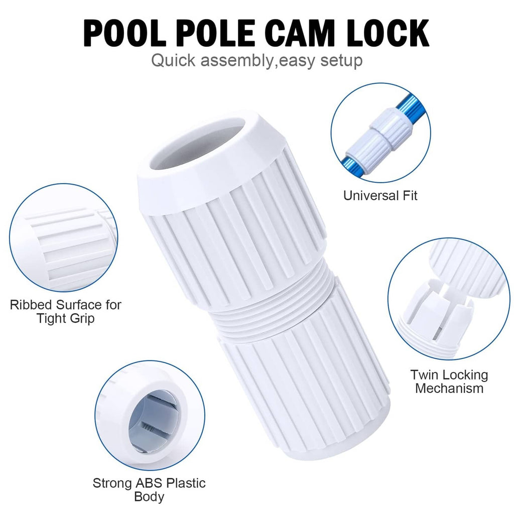 White plastic pool pole cam lock connector with ribbed grip and locking slots