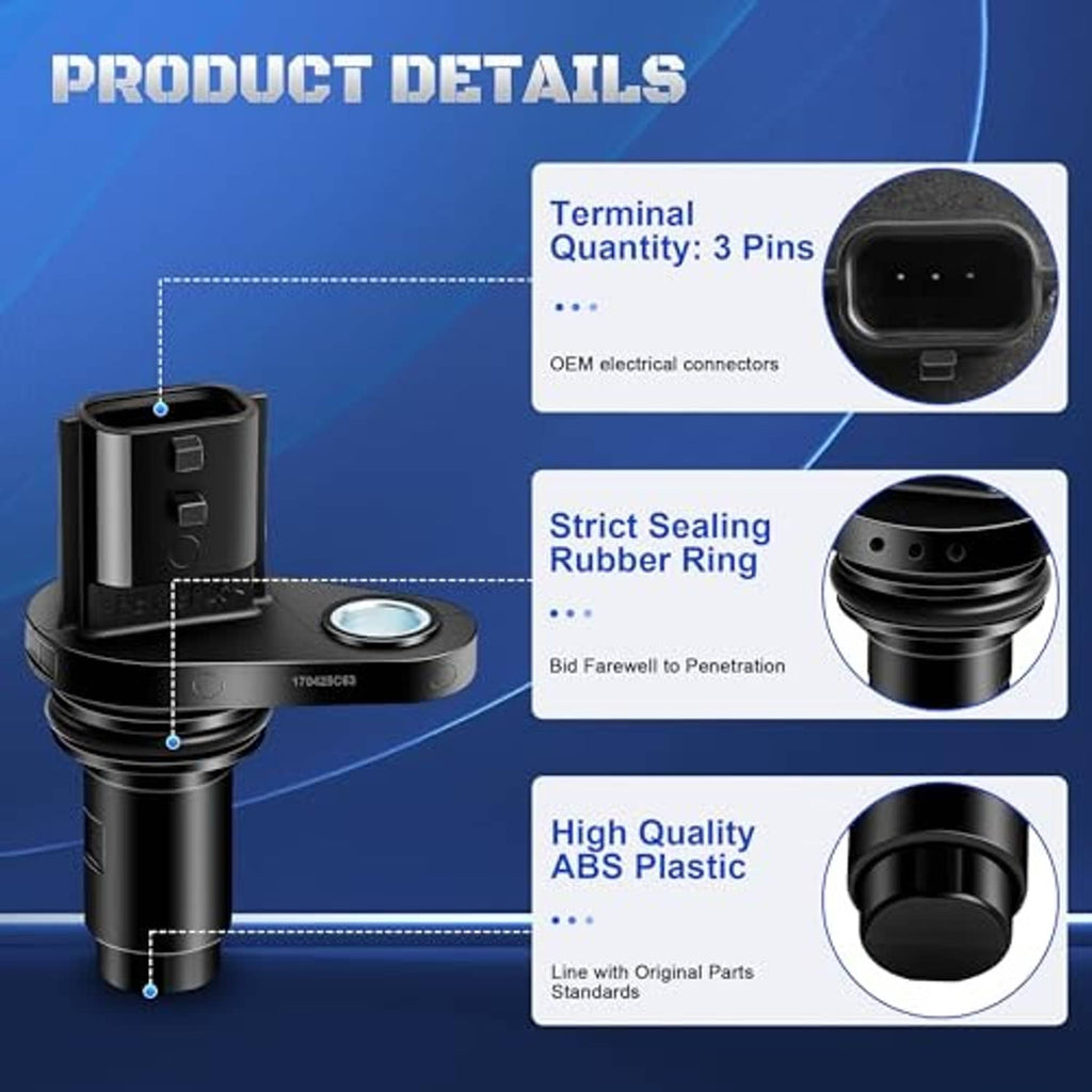 Camshaft position sensor with 3-pin terminal connector and rubber seal ring detail
