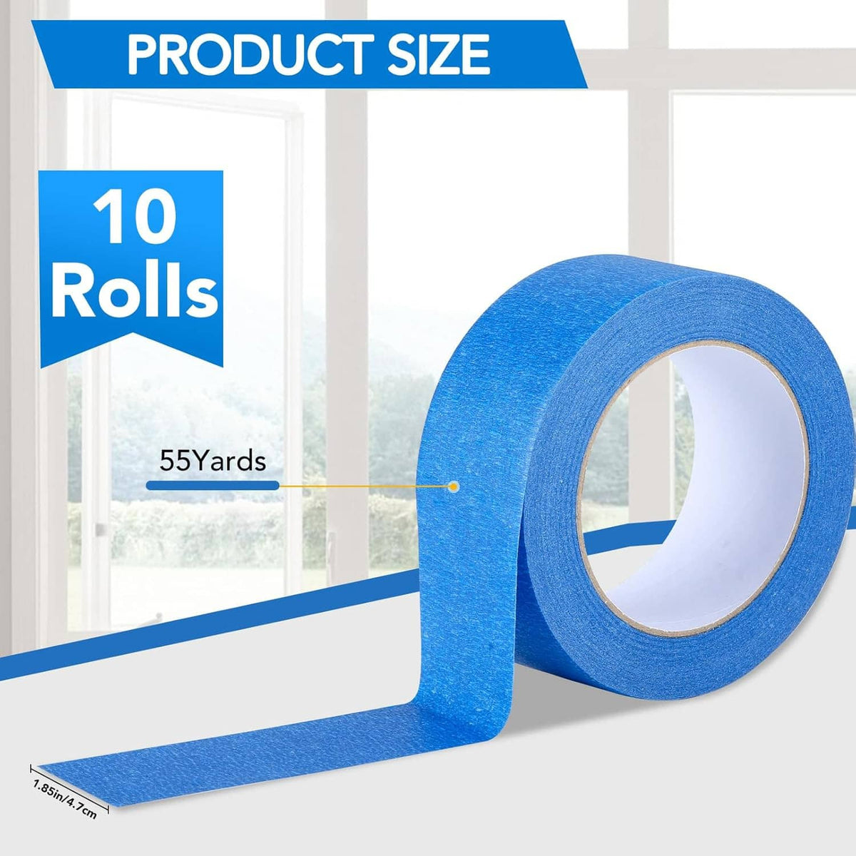 Blue painters tape roll, 10-pack with 55 yards per roll, 2-inch wide masking tape