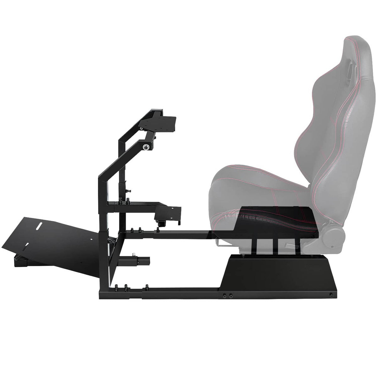 Racing simulator steering wheel stand in profile view with adjustable wheel and pedal areas