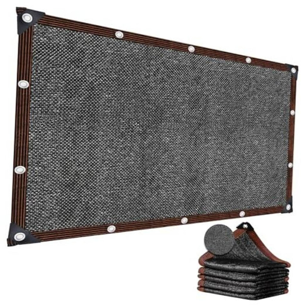HDPE shade cloth tarp with brown frame, dark gray mesh, and corner grommets