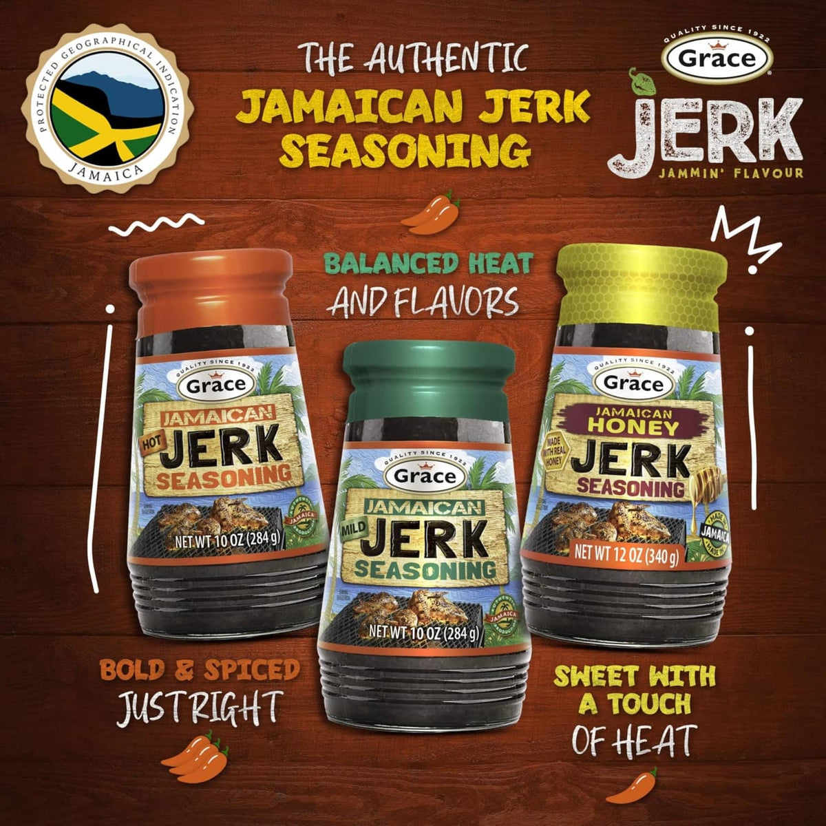 Grace Jamaican Jerk seasoning jars in front, labeled for balanced heat and flavor.