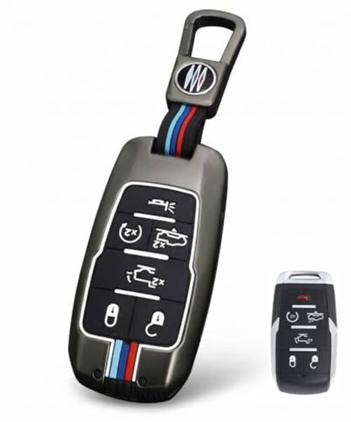 Gray metal key fob case with key ring and striped strap, showing front button panel.