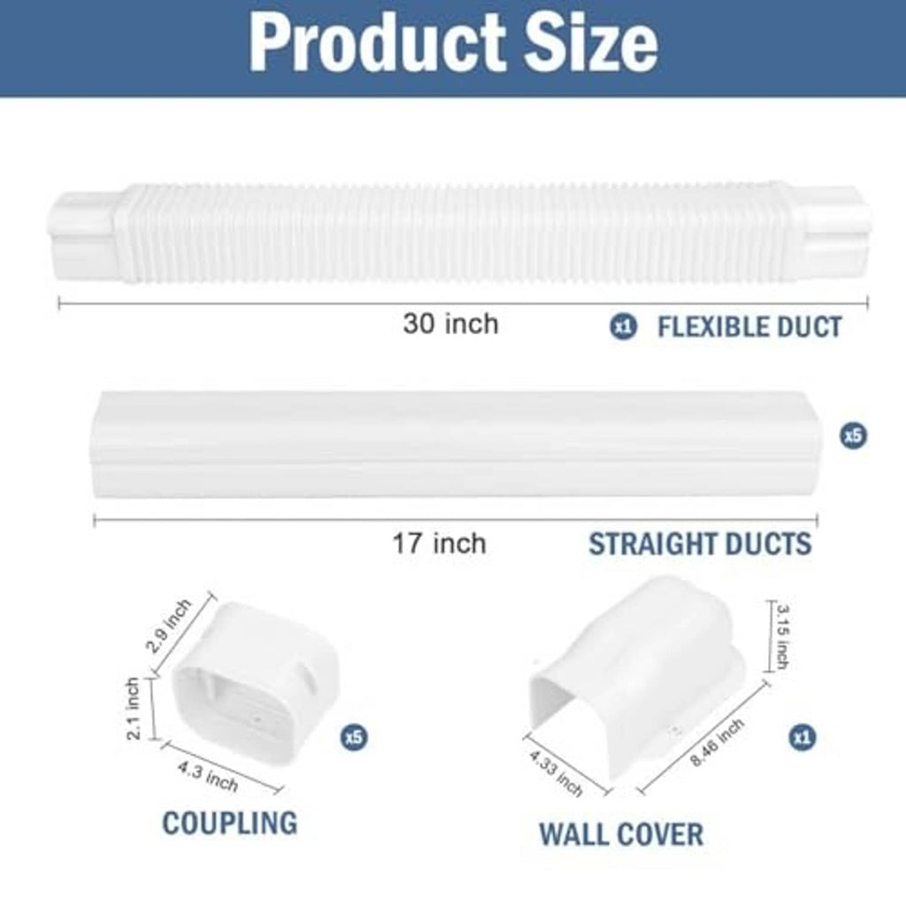 White PVC mini split duct covers set with flexible duct, straight ducts, couplings, wall cover