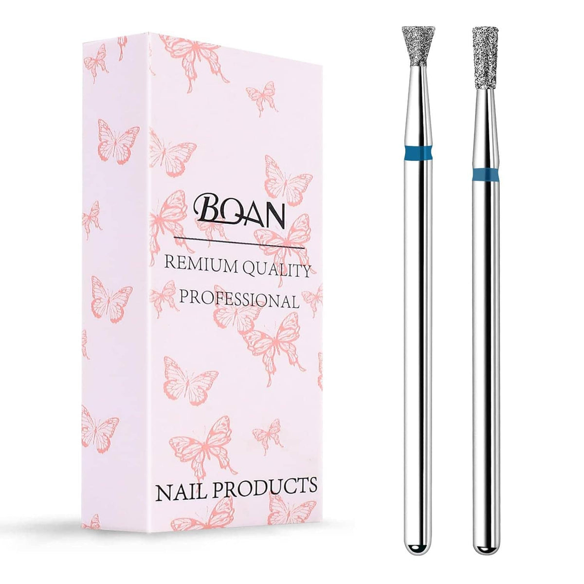 Set of 2 diamond nail drill bits with blue bands and silver metal handles