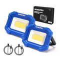 Two-pack blue rechargeable LED work lights with stand and fold-out bracket
