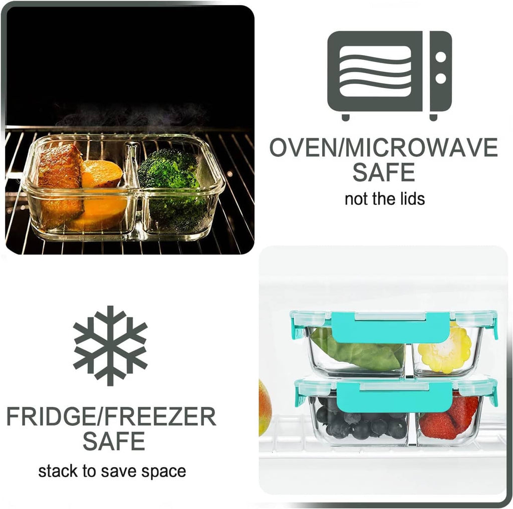 Clear glass 2-compartment meal prep bento boxes with teal airtight lids, stack-ready