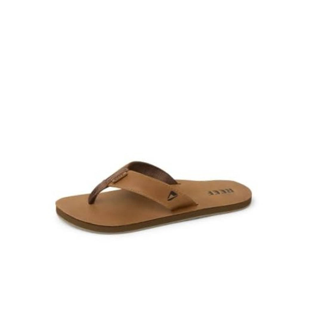 Bronze-brown leather flip-flop sandals with single thong strap and logo patch