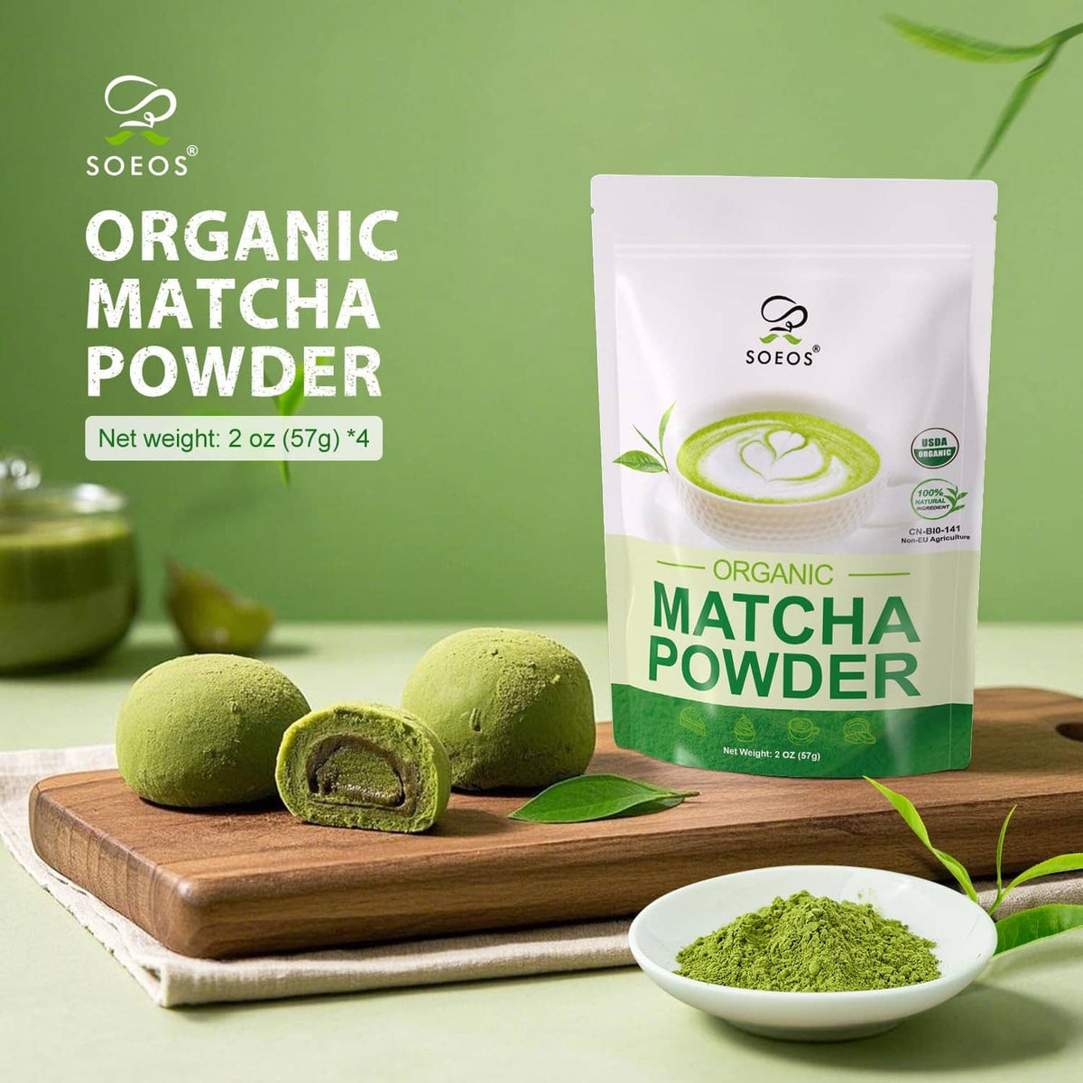 Soeos Organic Matcha Powder pouch with matcha scoop and bowls of green powder