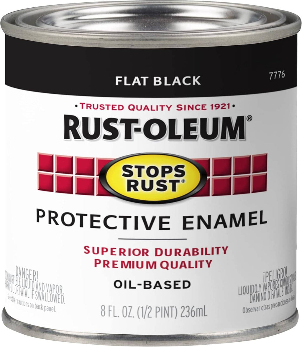 Flat black Rust-Oleum Stops Rust protective enamel paint can, 8 fl oz (1/2 pint)