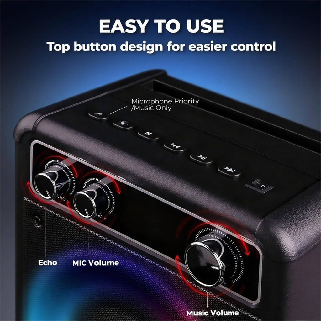 Karaoke speaker control panel with echo and volume knobs and microphone controls