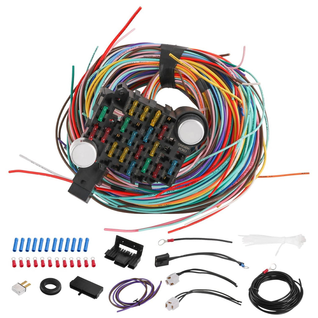 21-circuit wiring harness kit with multi-color wires and fuse/relay module with 2 switches