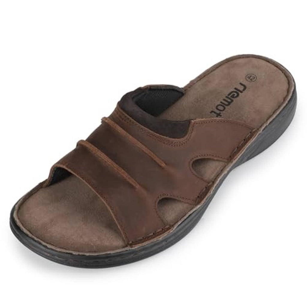 Dark brown leather slide sandal, open toe, single strap design