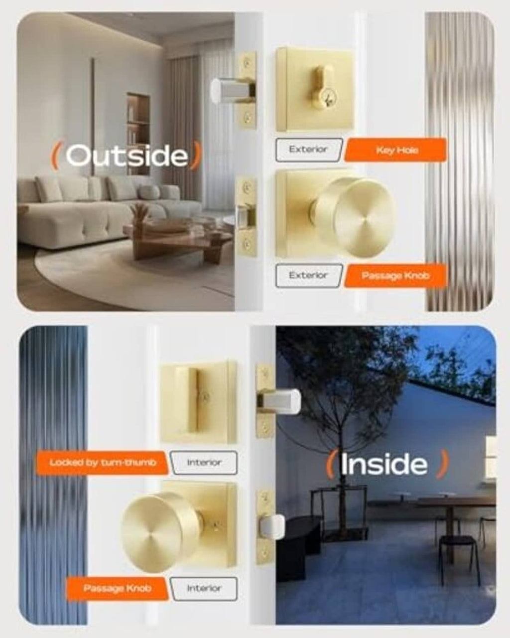 Satin brass deadbolt lock set with labeled outside and inside components.